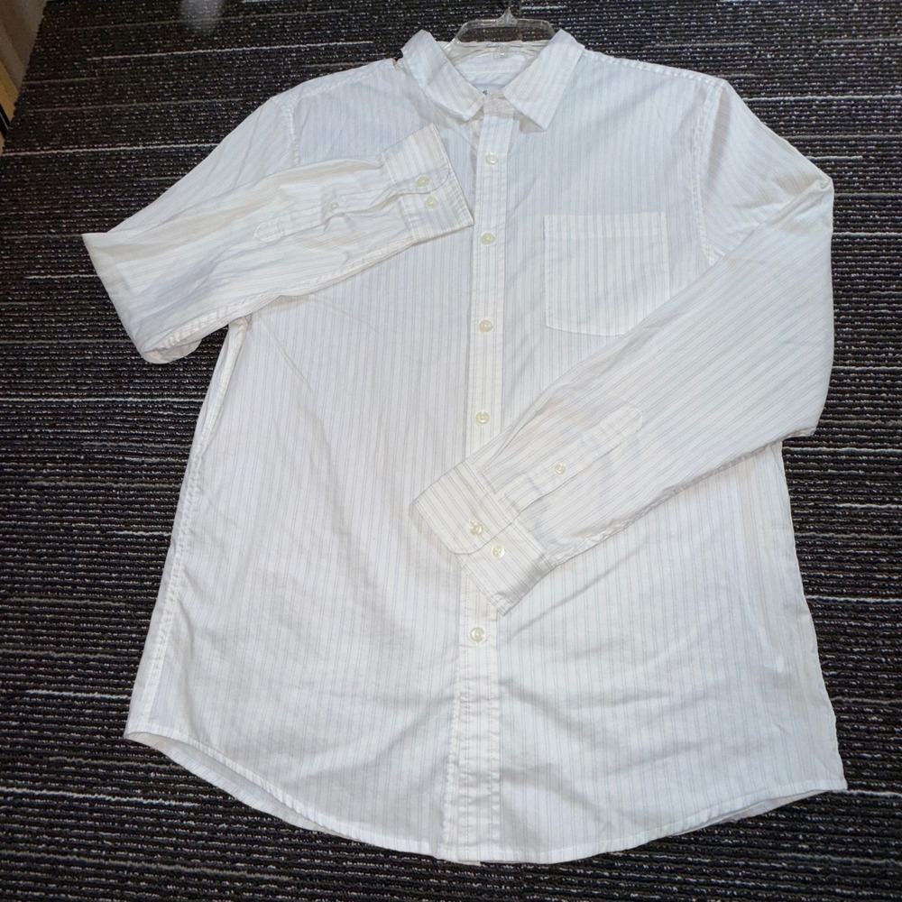 Goodfellow & Co Button Up Shirt Mens L White Blue Pinstripe Poplin Stretch